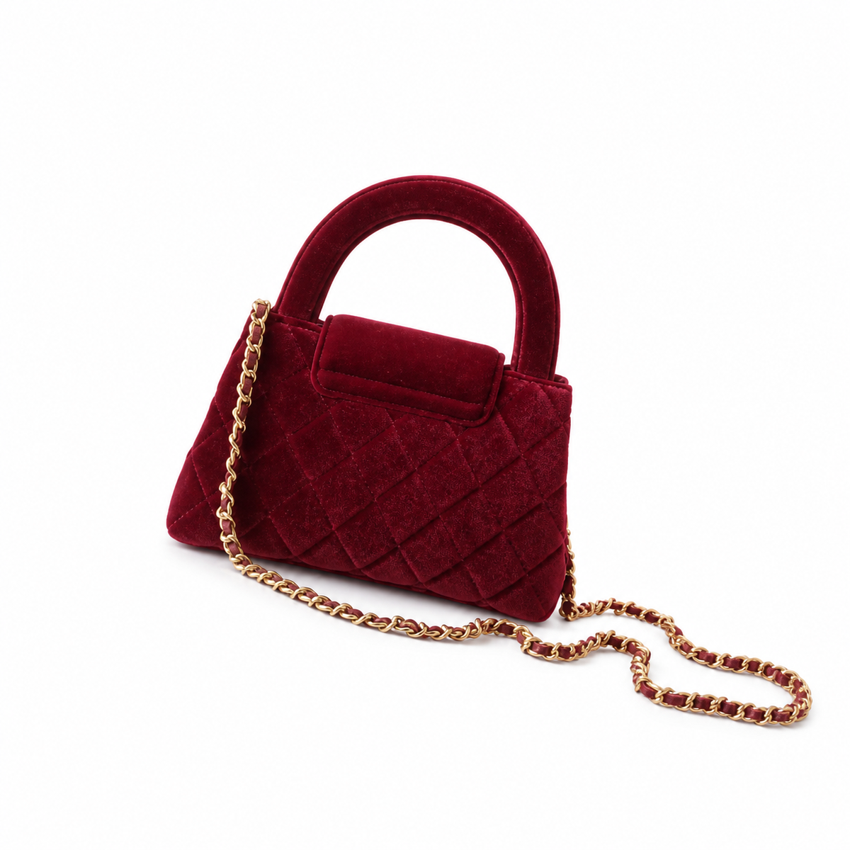 Chanel Red Velvet Quilted Heart Bag Gold CC Flap Top Handle