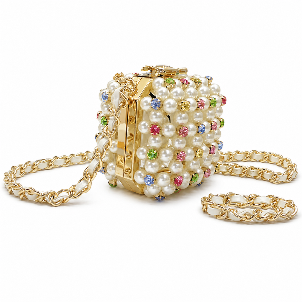 CHANEL Pearl Crystal Minaudiere Evening Bag Gold Chain CC Logo