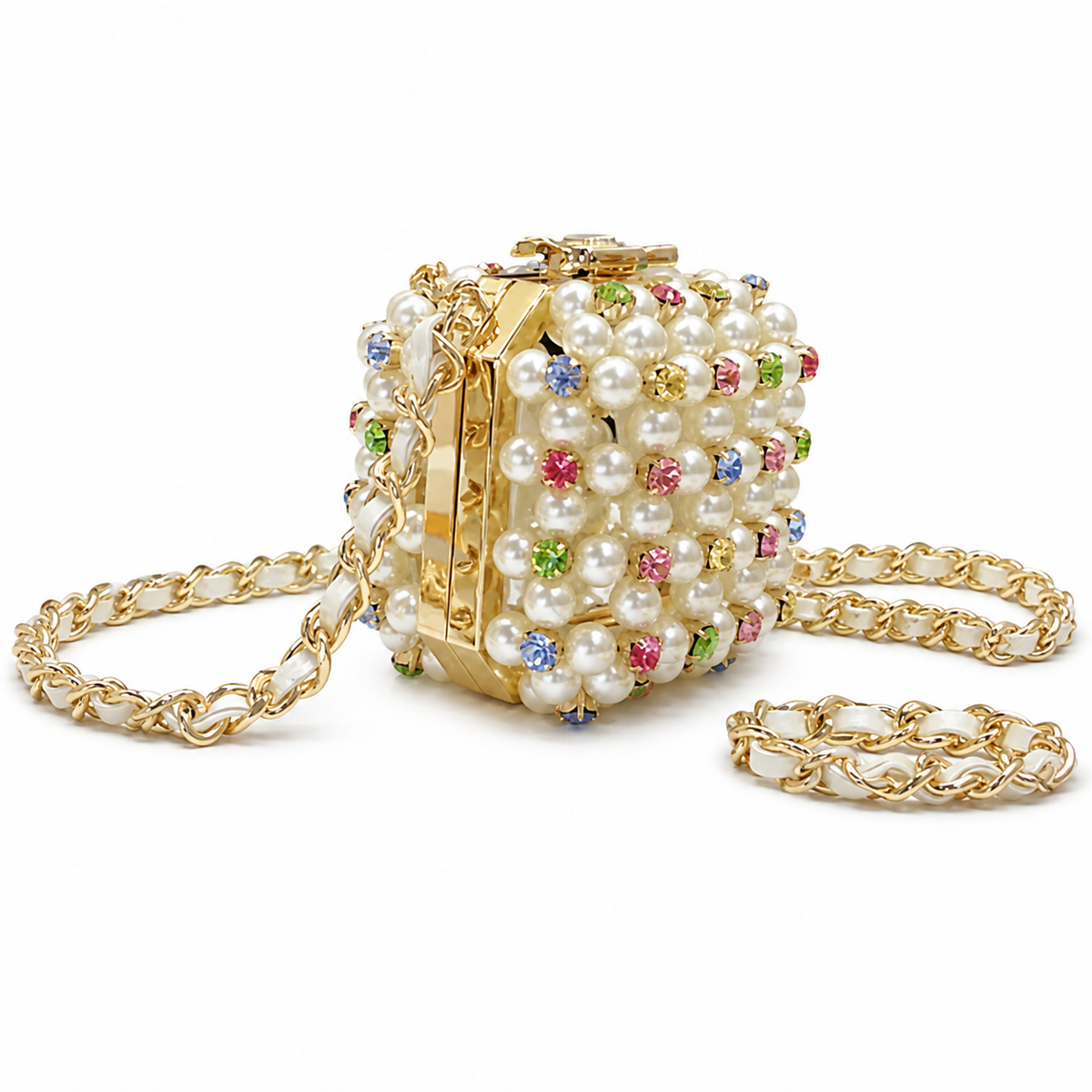 CHANEL Pearl Crystal Minaudiere Evening Bag Gold Chain CC Logo