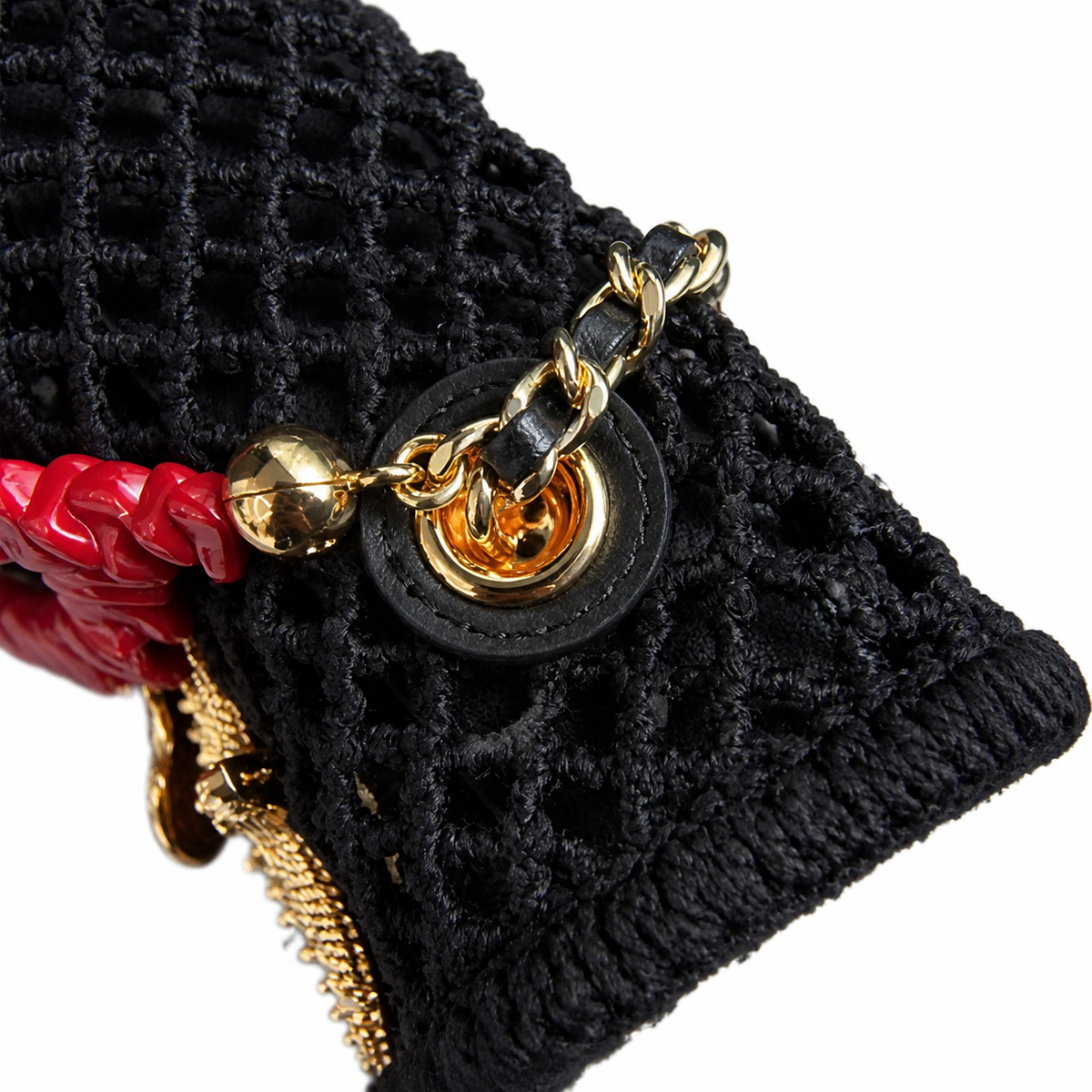 CHANEL Black Crochet Woven Flap Bag Gold Marine Charm Embellishments