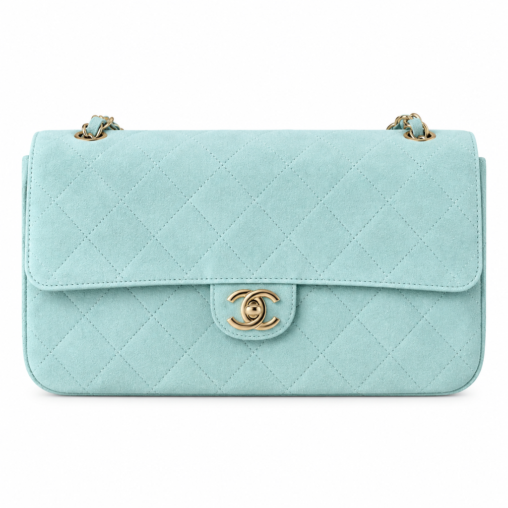 CHANEL Classic Double Flap Shoulder Bag – Mint Green Suede Aged Gold Hardware Jumbo 38.5×26×11cm