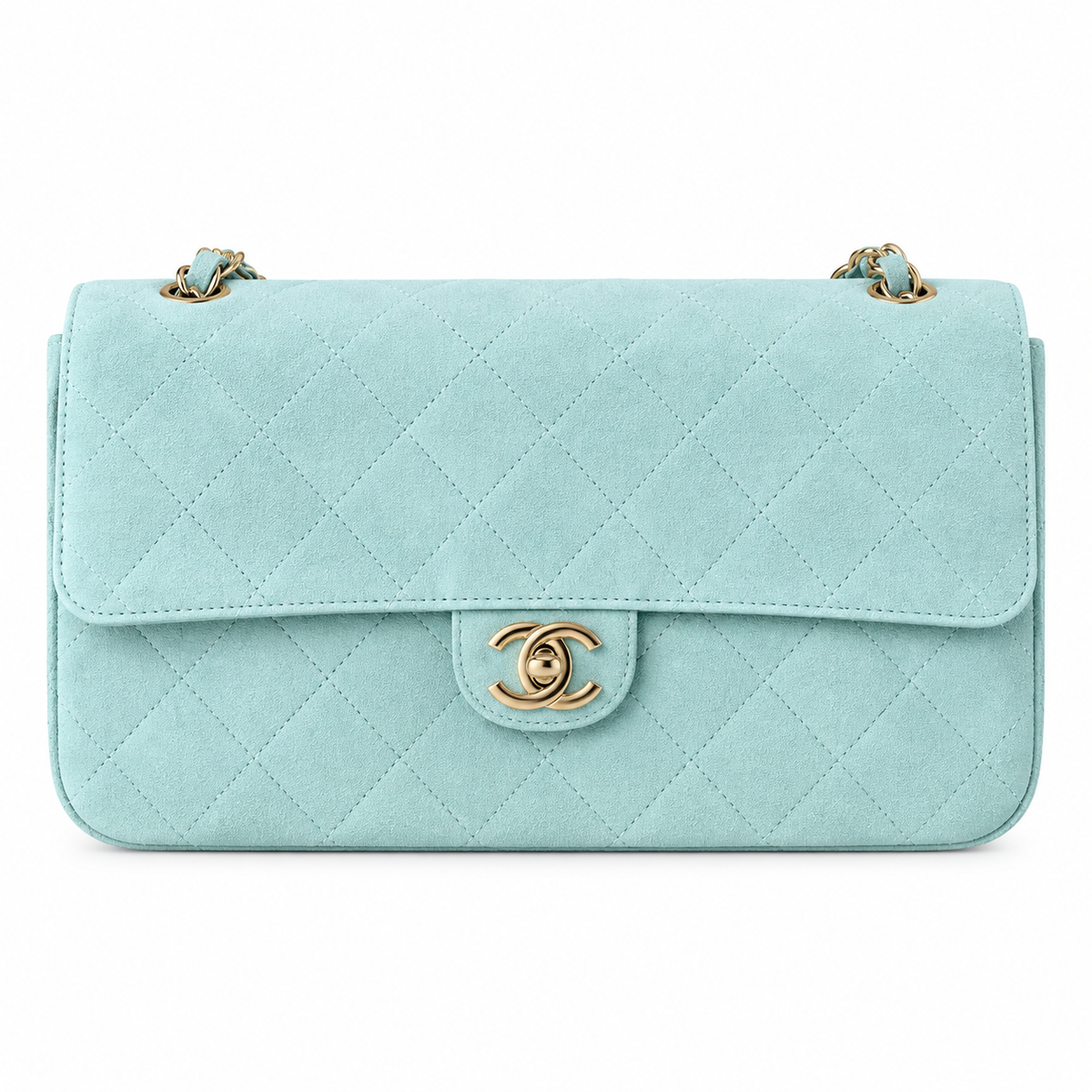 CHANEL Classic Double Flap Shoulder Bag – Mint Green Suede Aged Gold Hardware Jumbo 38.5×26×11cm
