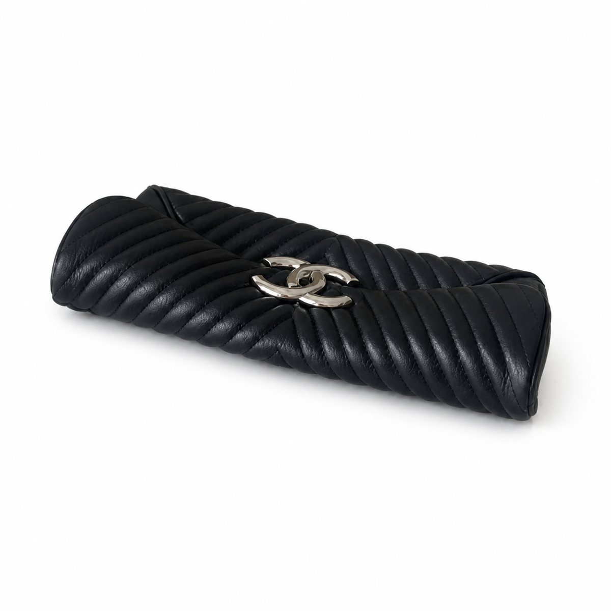 Chanel Black Leather Linear Horizontal Stitch Large Flap Clutch Silver CC Turn-Lock Interior Zip Pocket 30cm