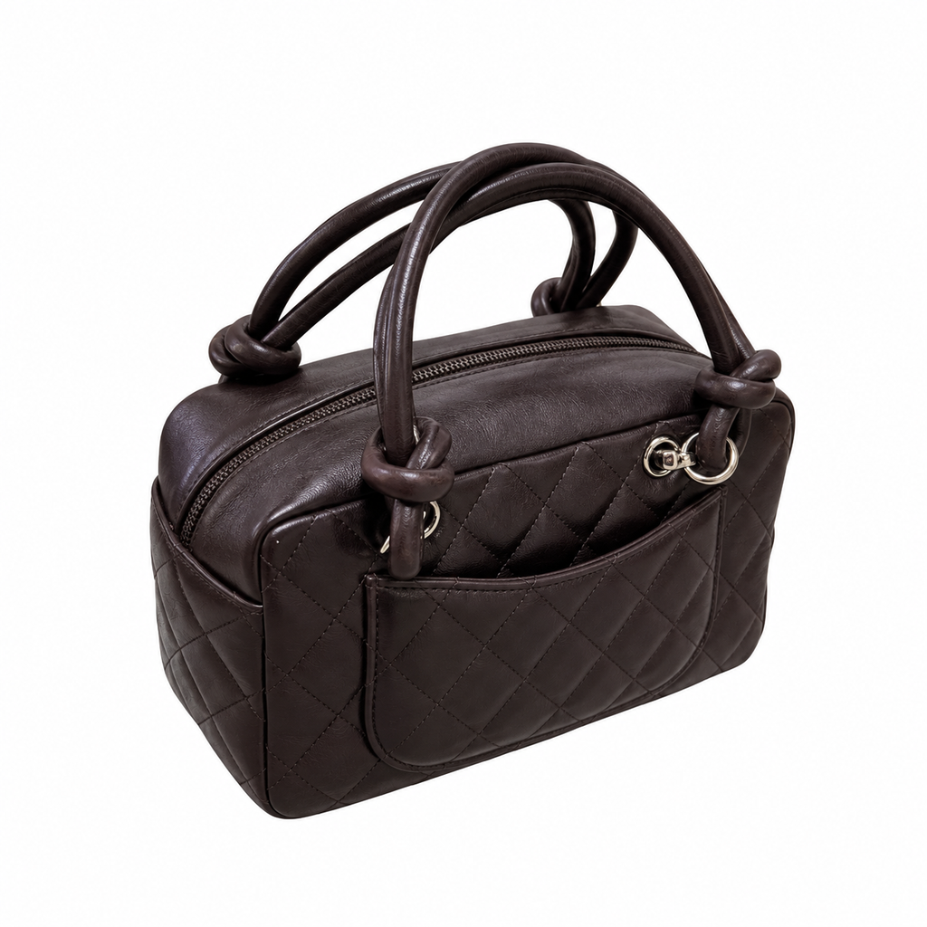 Chanel Cambon Mini Bowler Bag | Dark Brown Quilted Lambskin CC Logo Silver Hardware Orange Lining | 21cm