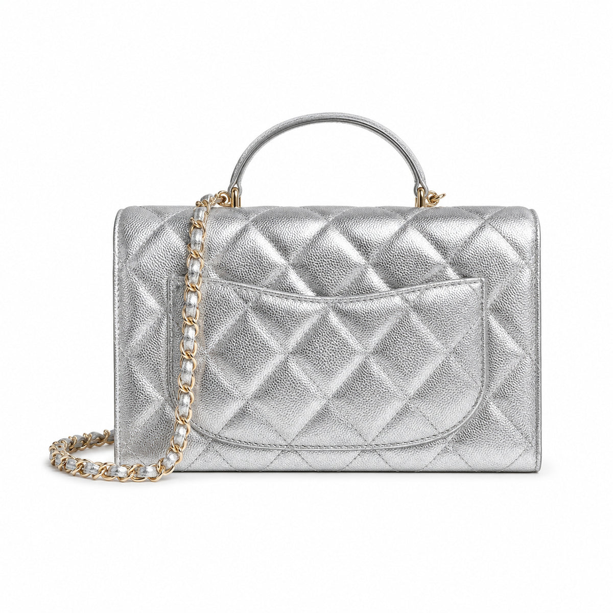 Chanel Silver Quilted Metallic Leather Elongated Flap Bag | Gold CC Lock | 9.5×25×5cm