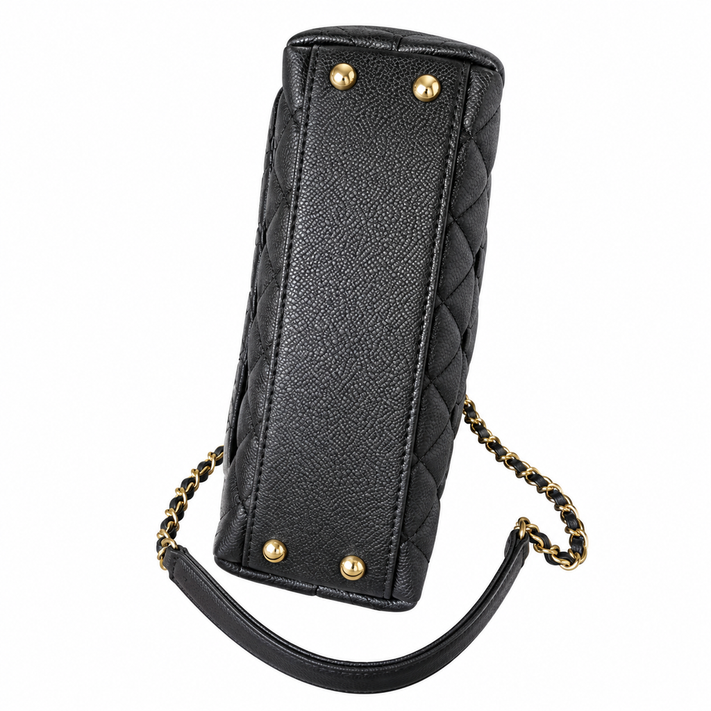 Chanel Black Caviar Quilted Top Handle Crossbody Bag Polished Gold Hardware CHANEL-Engraved Ring CC Lobster Clasp 23cm