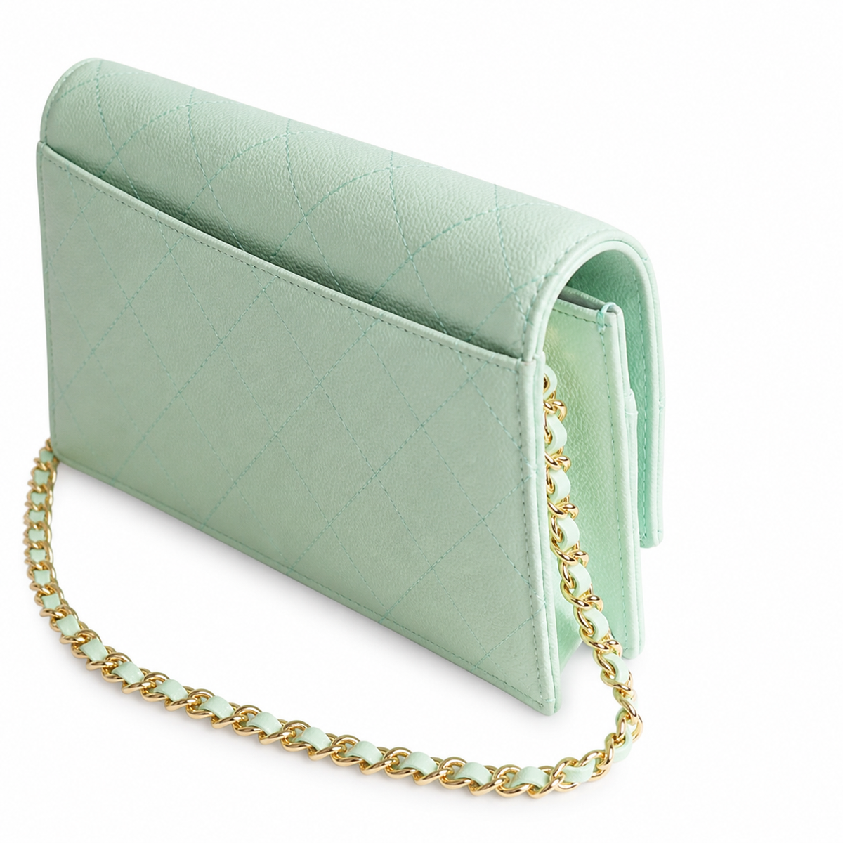 Chanel CC Filigree Wallet on Chain WOC Mint Green Quilted Leather Gold Chain Crossbody 19cm