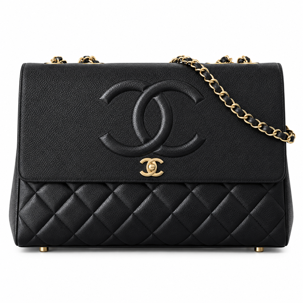 Chanel Black Caviar Quilted Medallion Shopping Shoulder Bag | Gold Chain | Back Zip Pocket | 33×11×23cm
