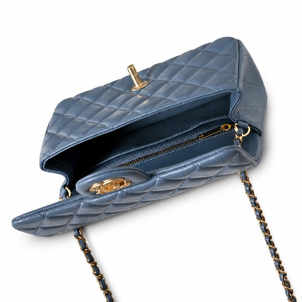 Chanel Pearl Crush Mini Rectangle Flap Bag Denim Blue Lambskin Gold Pearl Chain 20cm