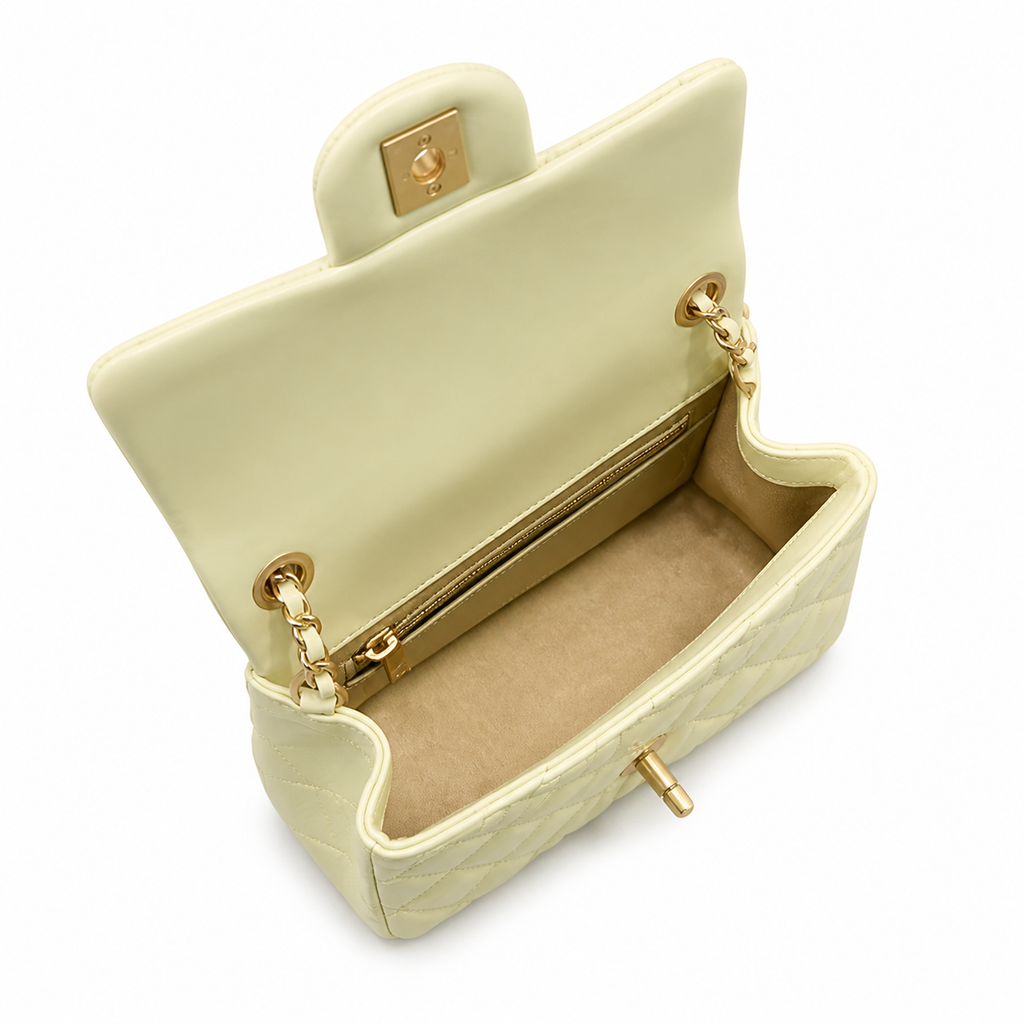 Chanel Pearl Crush Mini Square Flap Bag Cream Lambskin Gold Pearl Chain 18cm
