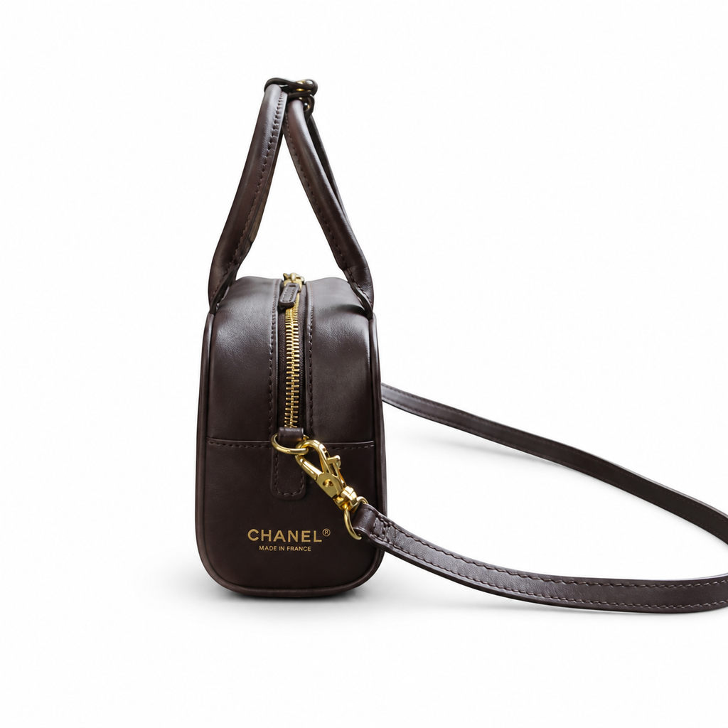 CHANEL Dark Brown Leather Mini Bowling Bag CC Gold Top Handle