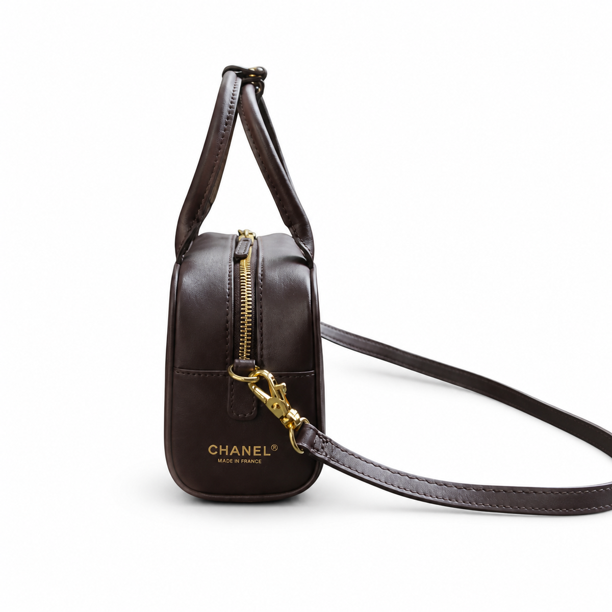 CHANEL Dark Brown Leather Mini Bowling Bag CC Gold Top Handle