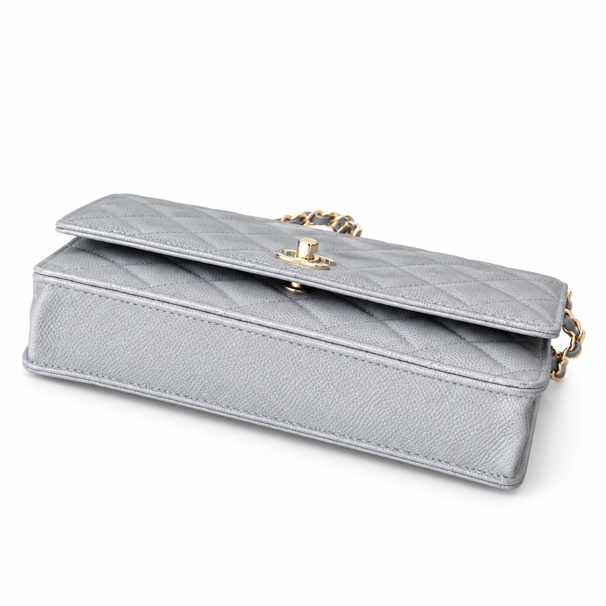 Chanel Mini Flap Bag with Top Handle Iridescent Light Blue Caviar Gold Hardware 18.5cm