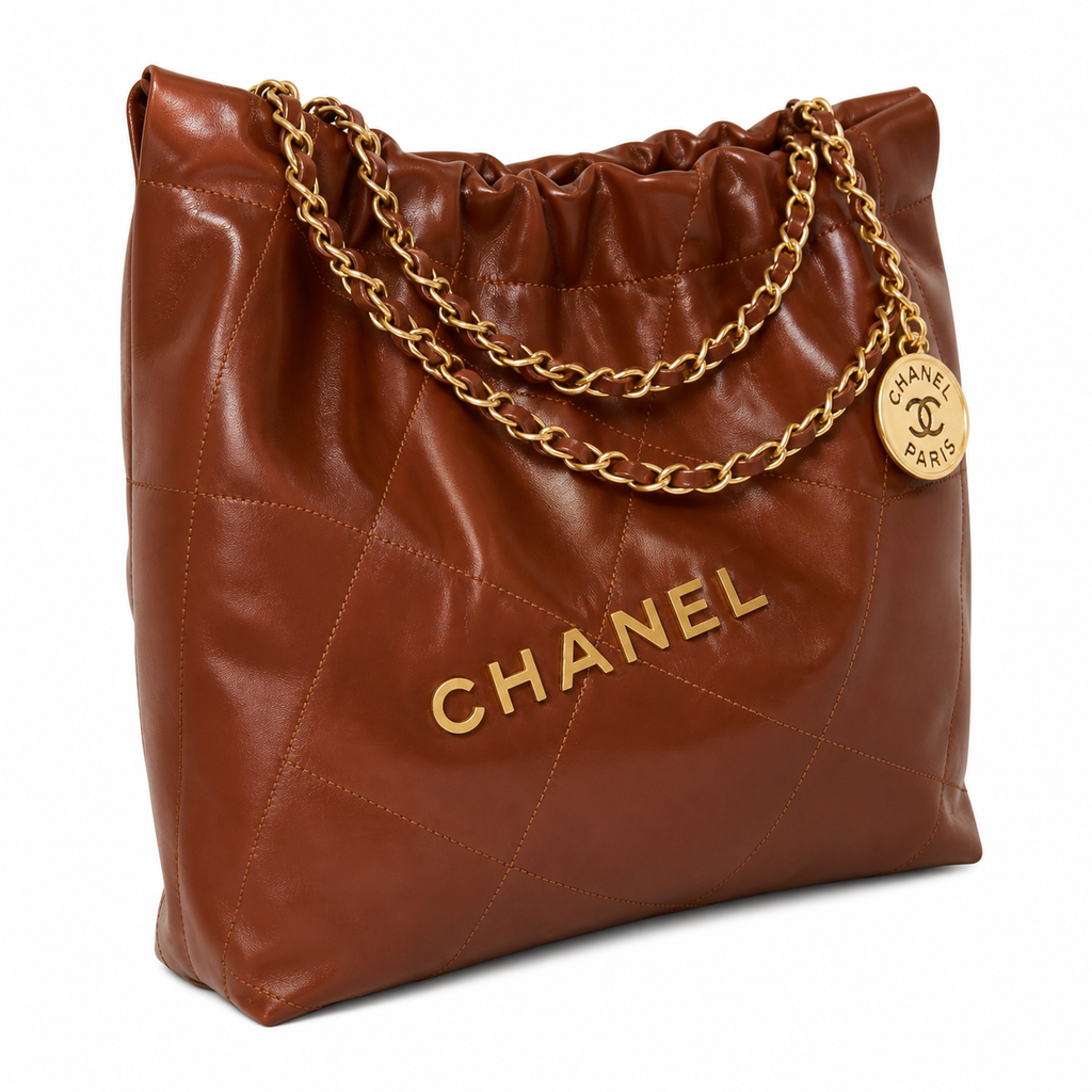 Chanel 22 Large Bag Dark Brown Shiny Calfskin Gold CHANEL Logo Chain CC Medallion 35cm