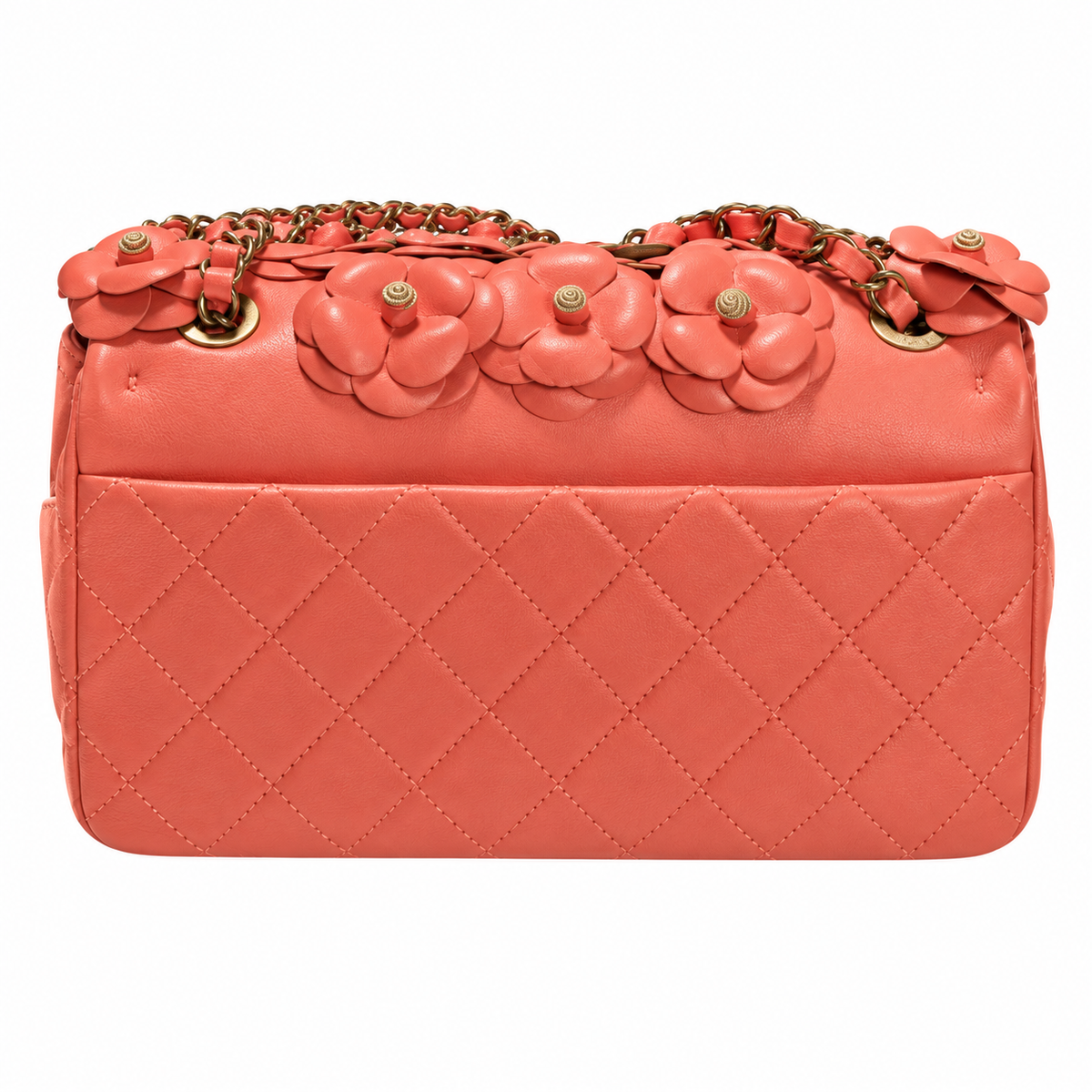 CHANEL Coral Pink Camellia Leather Appliqué Flap Bag Gold Chain