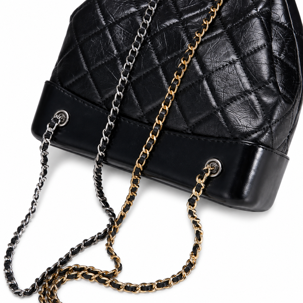 Chanel Gabrielle Backpack Black Aged Distressed Calfskin Mixed Metal Hardware Drawstring Chain 24cm