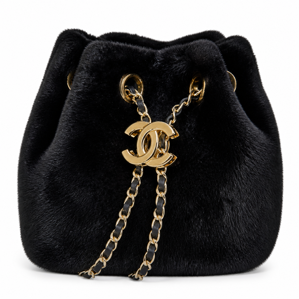 Chanel Black Faux Mink Fur Classic Flap Bag Gold CC Turn-Lock Chain
