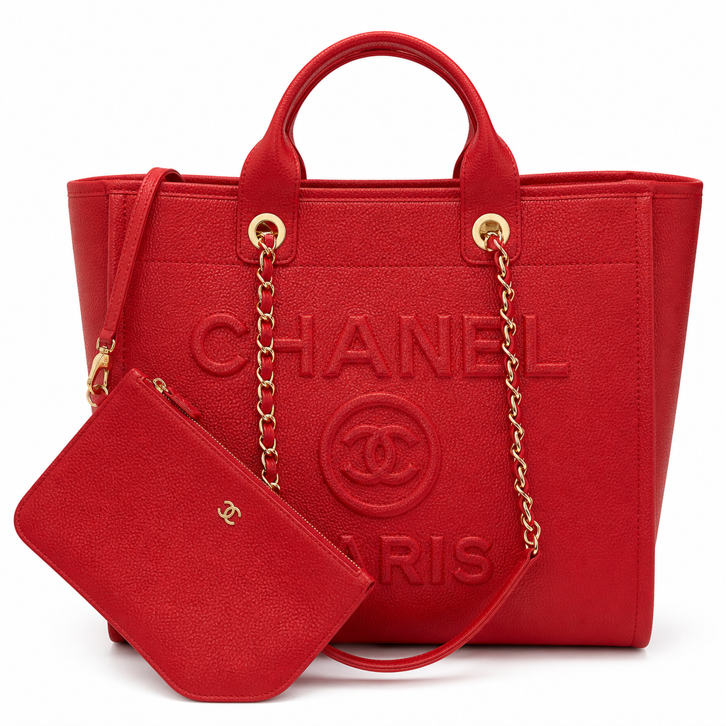 CHANEL Deauville Shopping Tote – Red Caviar Leather Gold Hardware with Detachable CC Pouch 30×50×21cm