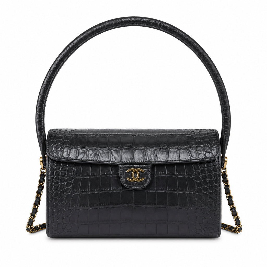 Chanel Navy Croc-Embossed Leather Barrel Crossbody Bag | Gold Magnetic Clasp | 11×23×12.5cm