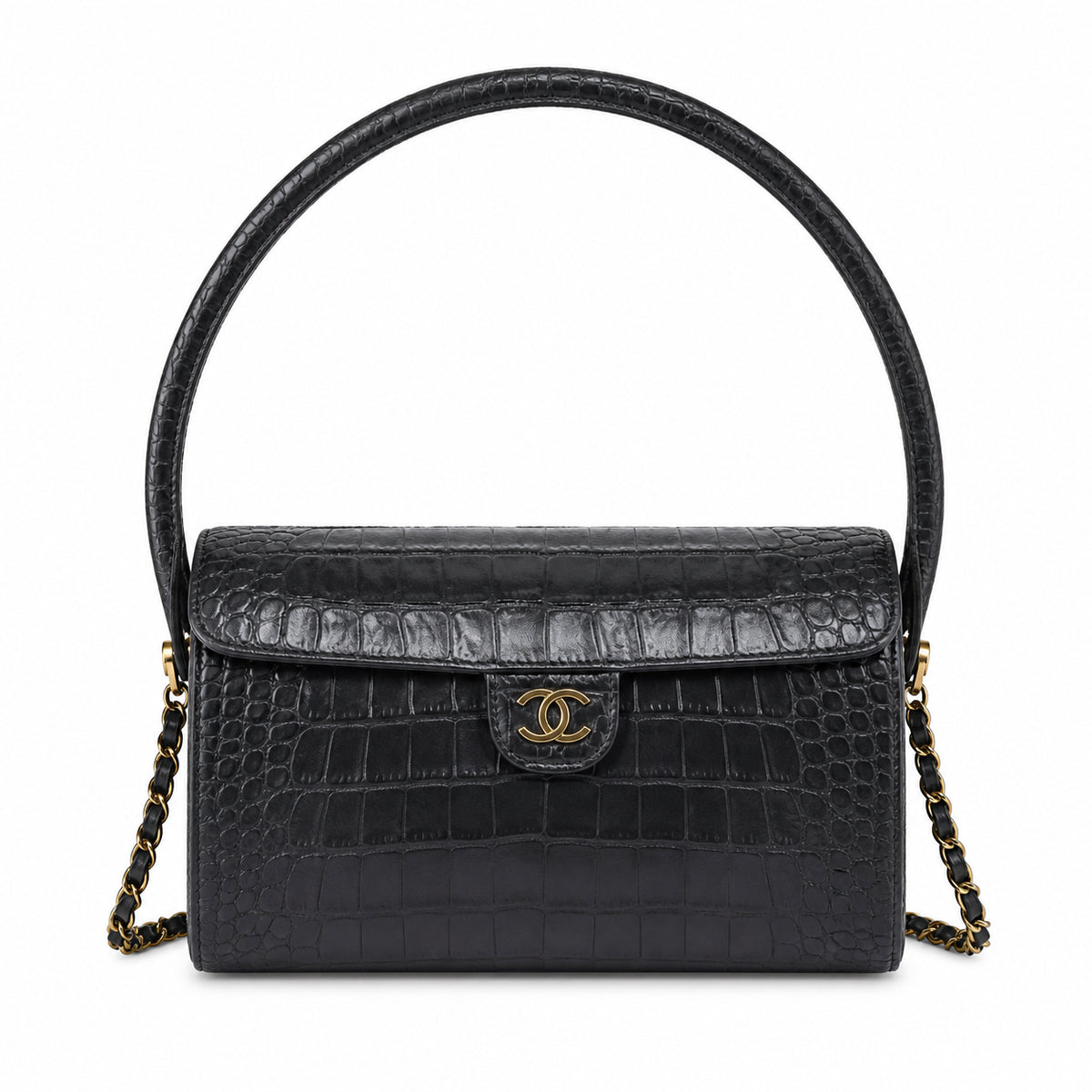 Chanel Navy Croc-Embossed Leather Barrel Crossbody Bag | Gold Magnetic Clasp | 11×23×12.5cm