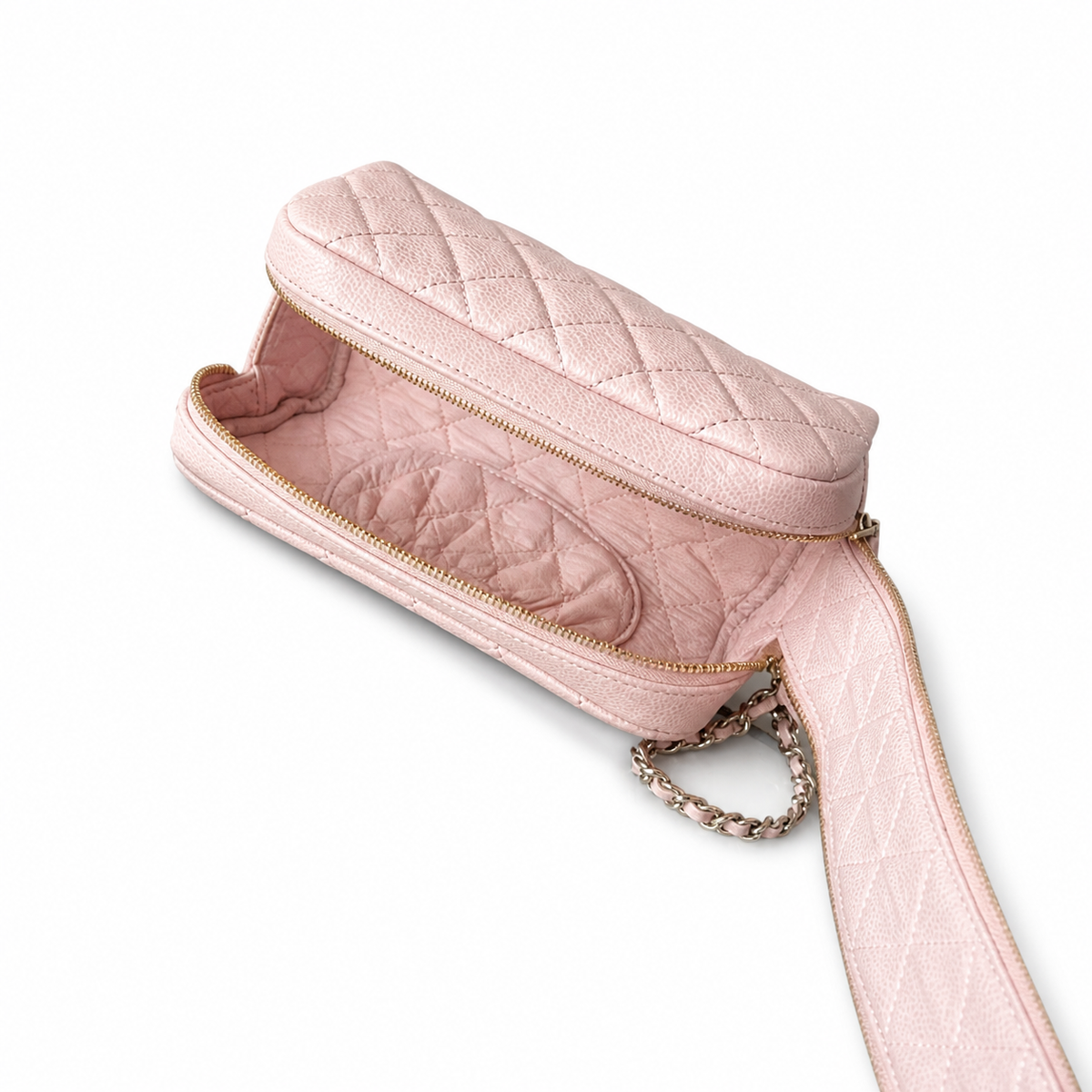 Chanel Light Pink Lambskin Quilted Dome Demi-Lune Cosmetic Clutch Silver Chain Wrist Strap 18cm