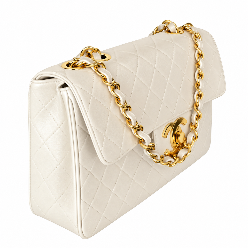 Chanel Classic Flap Bag | Ivory White Quilted Lambskin Gold CC Turn-Lock & Chain | Medium 30cm