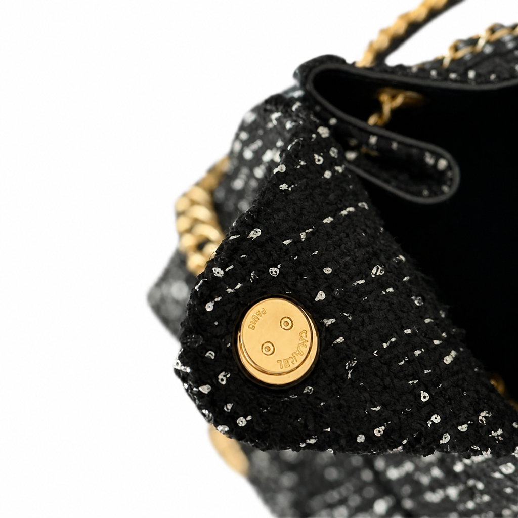 Chanel Black Sequin Tweed Large Drawstring Tote Bag with Pouch