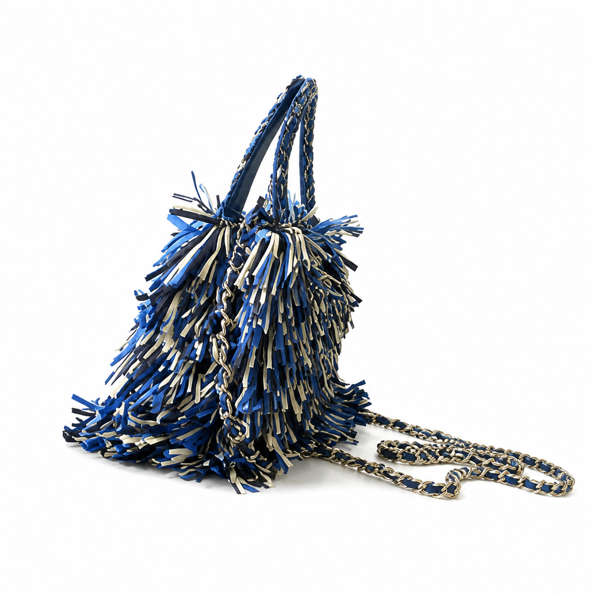 Chanel Electric Blue Leather Woven Fringe Kelly Top Handle Bag Silver CC