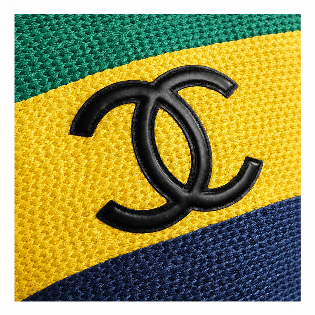Chanel Beach Tote Bag | Tricolor Woven Raffia Green Yellow Navy CC Logo Black Leather Handles | 58cm