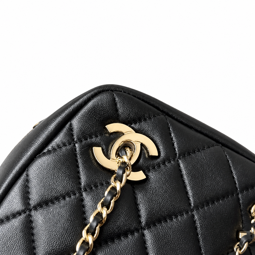 Chanel Black Quilted Lambskin Dual CC Camera Bag Gold Chain Crossbody