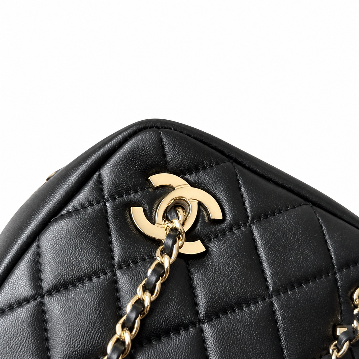 Chanel Black Quilted Lambskin Dual CC Camera Bag Gold Chain Crossbody