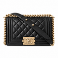 Chanel Boy Bag Small Black Quilted Lambskin Aged Gold Hardware Chunky Chain CHANEL Logo Plate 20cm