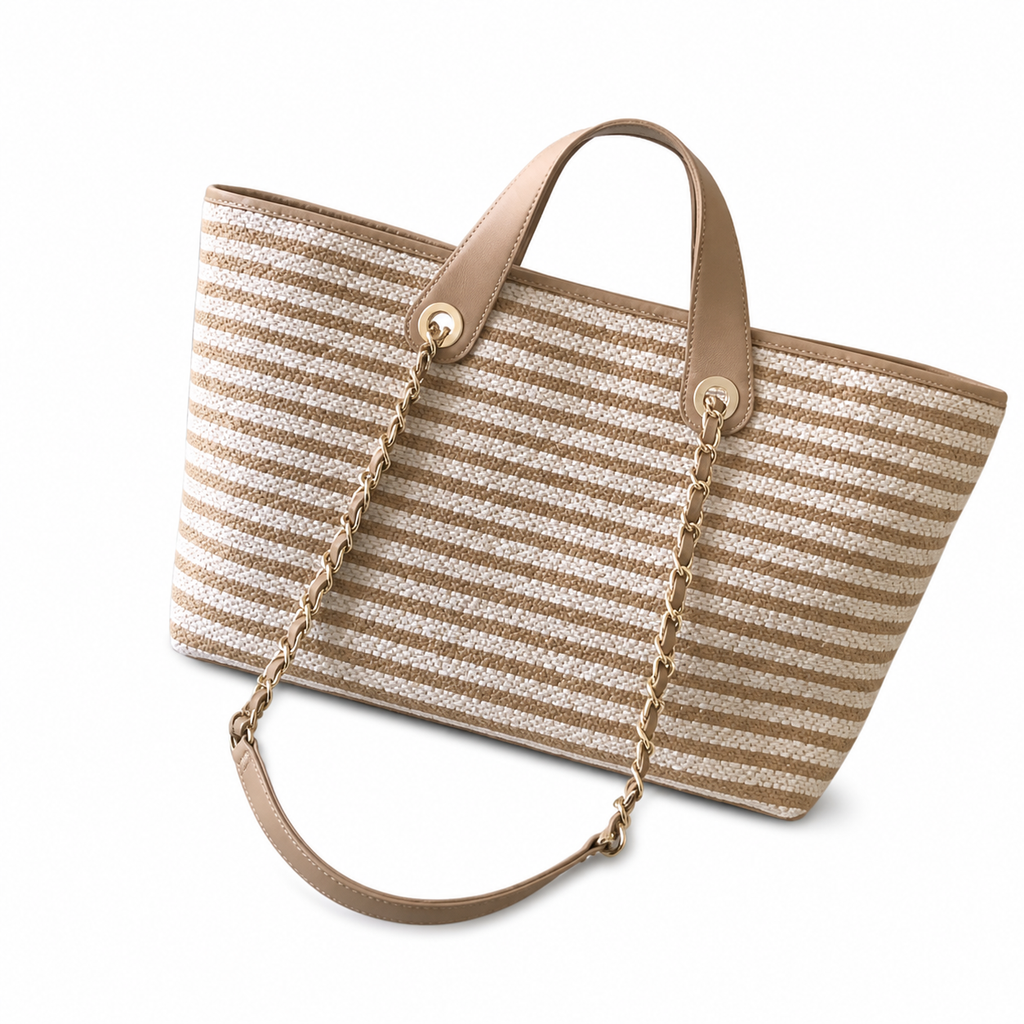 Chanel Beige Stripe Woven Large Shopping Tote | Gold CC | Leather Handles & Chain Strap | 25×46×13cm