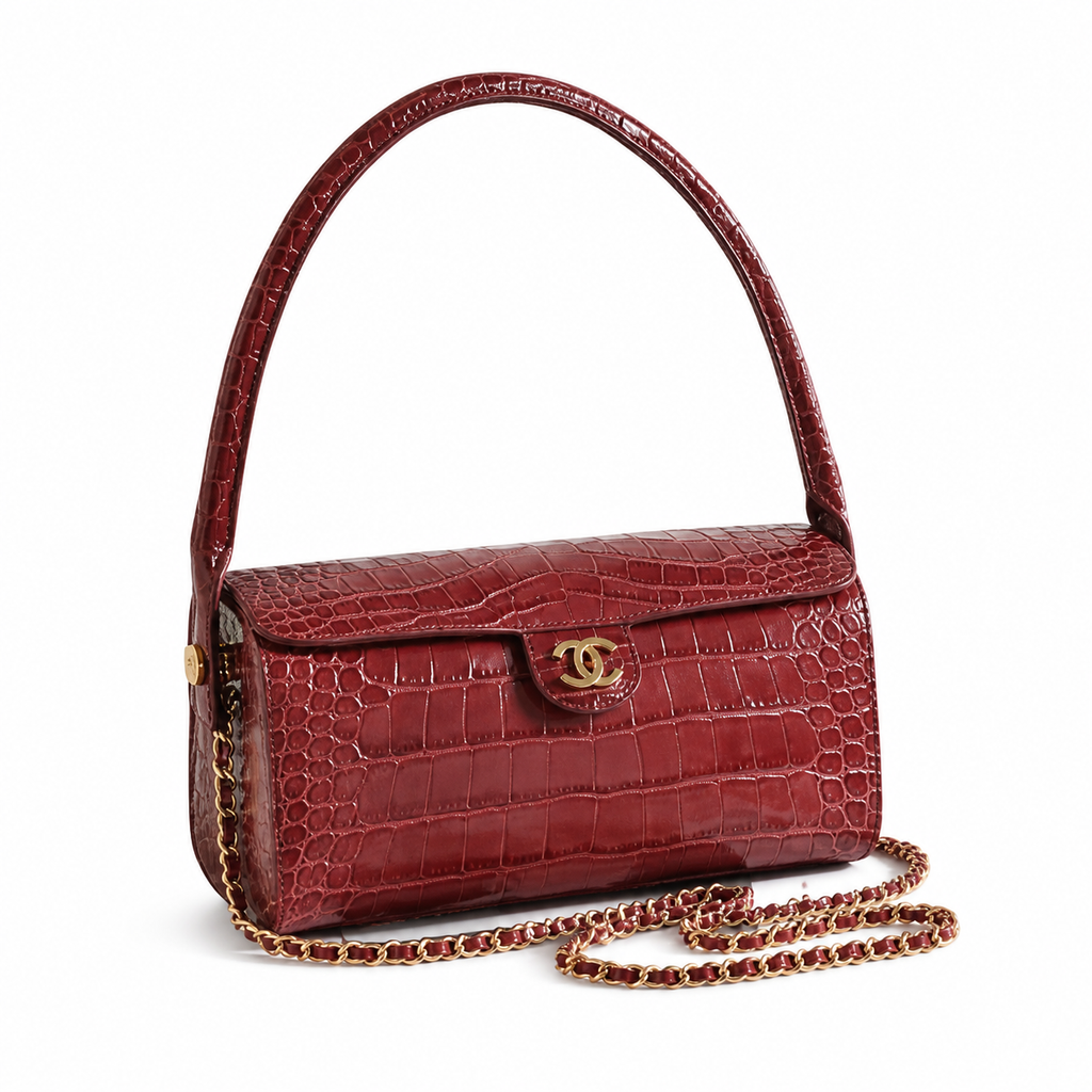 Chanel Deep Red Croc-Embossed Leather Box Flap Crossbody Bag | Gold Chain | 11×23×12.5cm