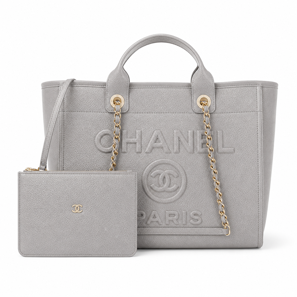 CHANEL Deauville Shopping Tote – Light Grey Caviar Leather Gold Hardware with Detachable CC Pouch 30×50×21cm