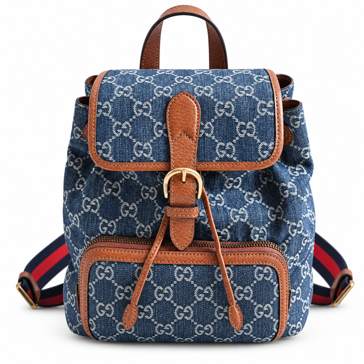 Gucci GG Denim Canvas Small Backpack with Brown Leather Trim