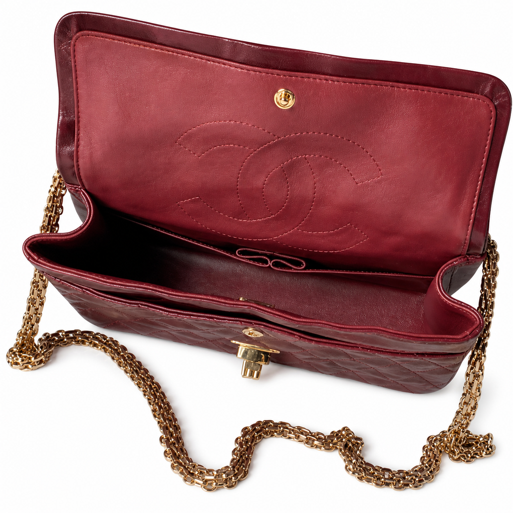 Chanel 2.55 Reissue 227 Burgundy Dark Wine Aged Distressed Calfskin Aged Gold Mademoiselle Lock Chain 24cm