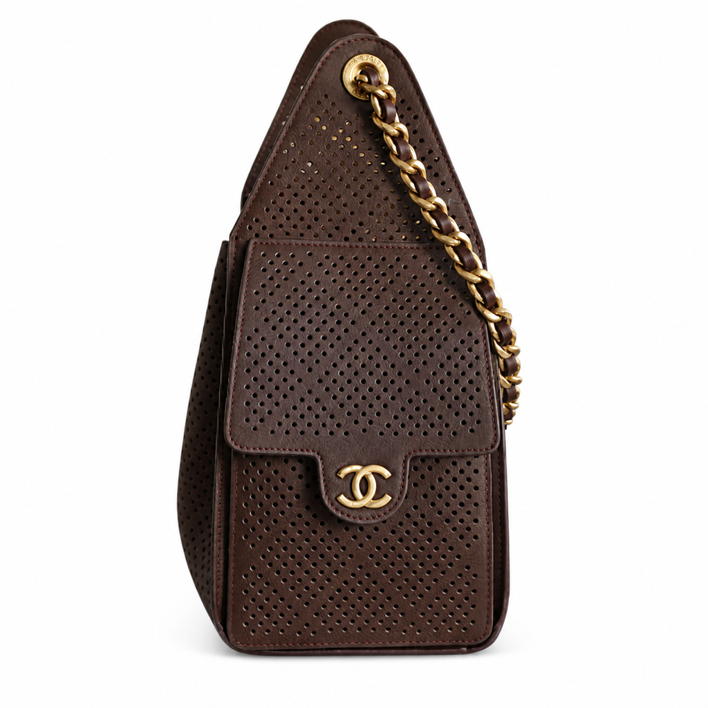 Chanel Perforated Leather Large Shoulder Bag Dark Brown Aged Gold CC Hardware 30cm