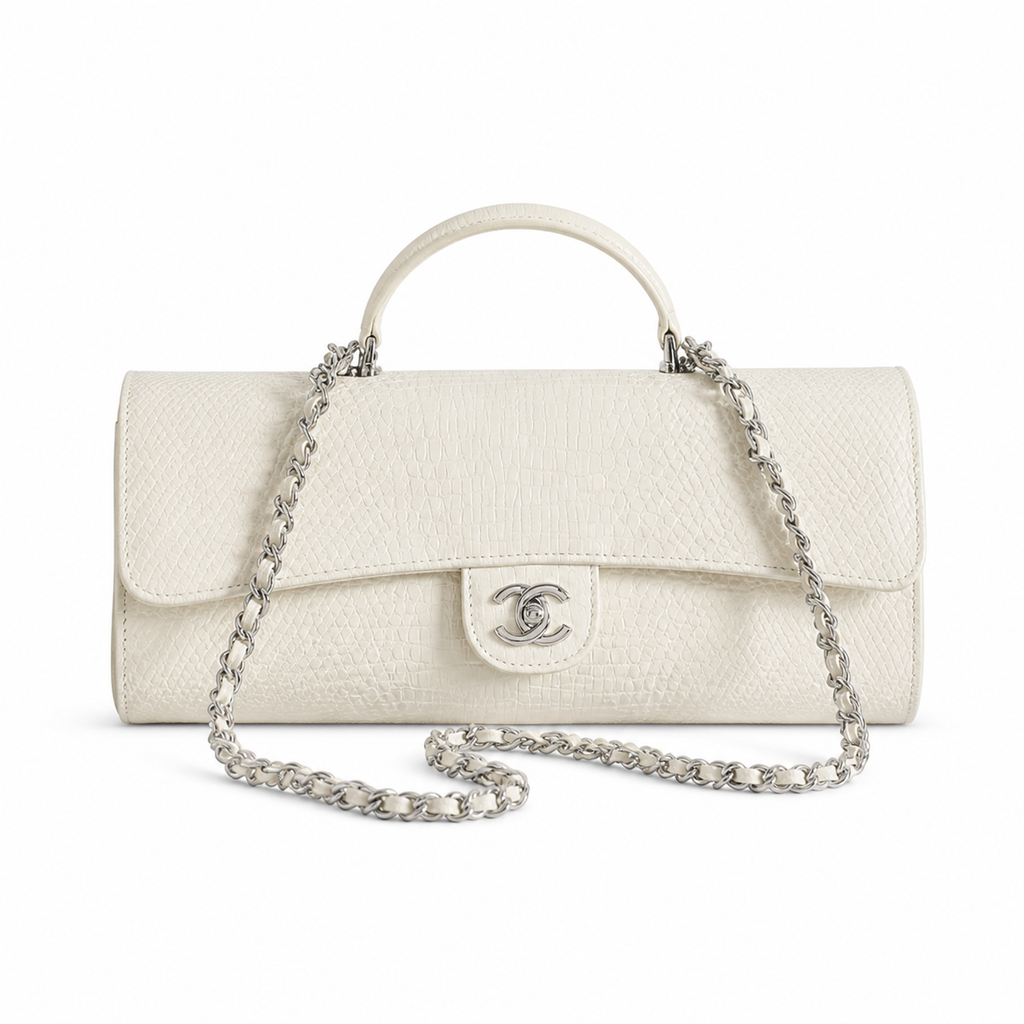 Chanel White Textured Leather Elongated Flap Crossbody Bag | Silver CC Lock | 9.5×25×5cm