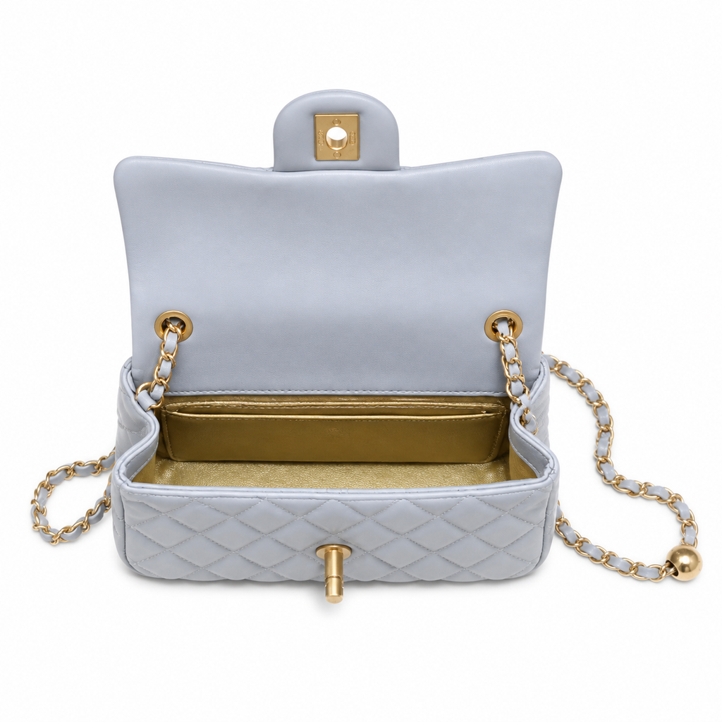 Chanel Pearl Crush Mini Flap Bag Powder Blue Lambskin Gold CC Turn-Lock Ball Charm Chain 20cm