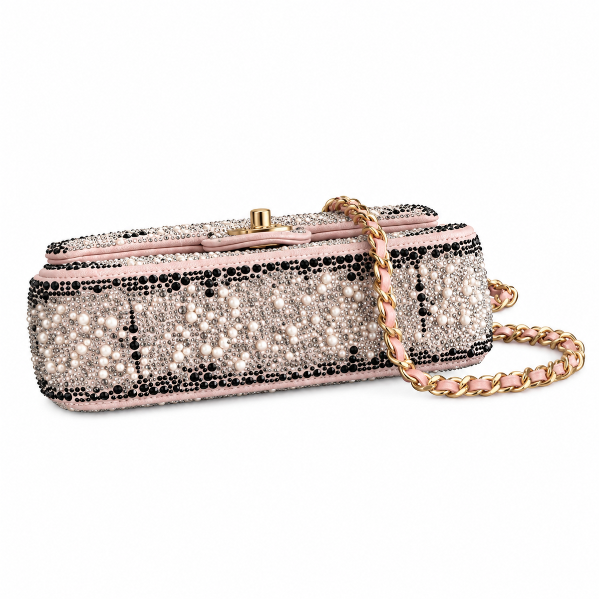 CHANEL Crystal Pearl Embellished Classic Flap Crossbody Bag – Blush Pink Interior Gold Chain 20cm