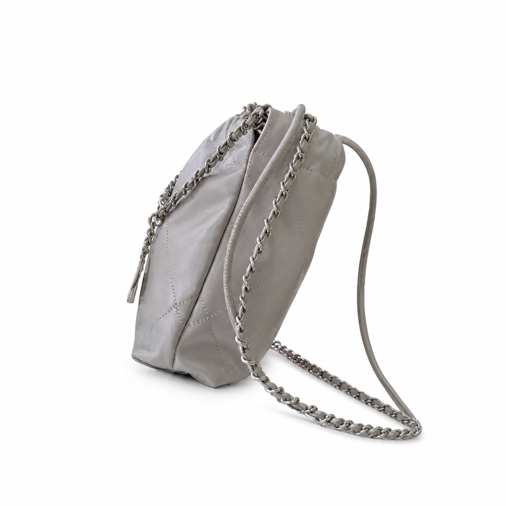 Chanel 22 Mini Bag Light Grey Quilted Lambskin Silver Chain 19cm
