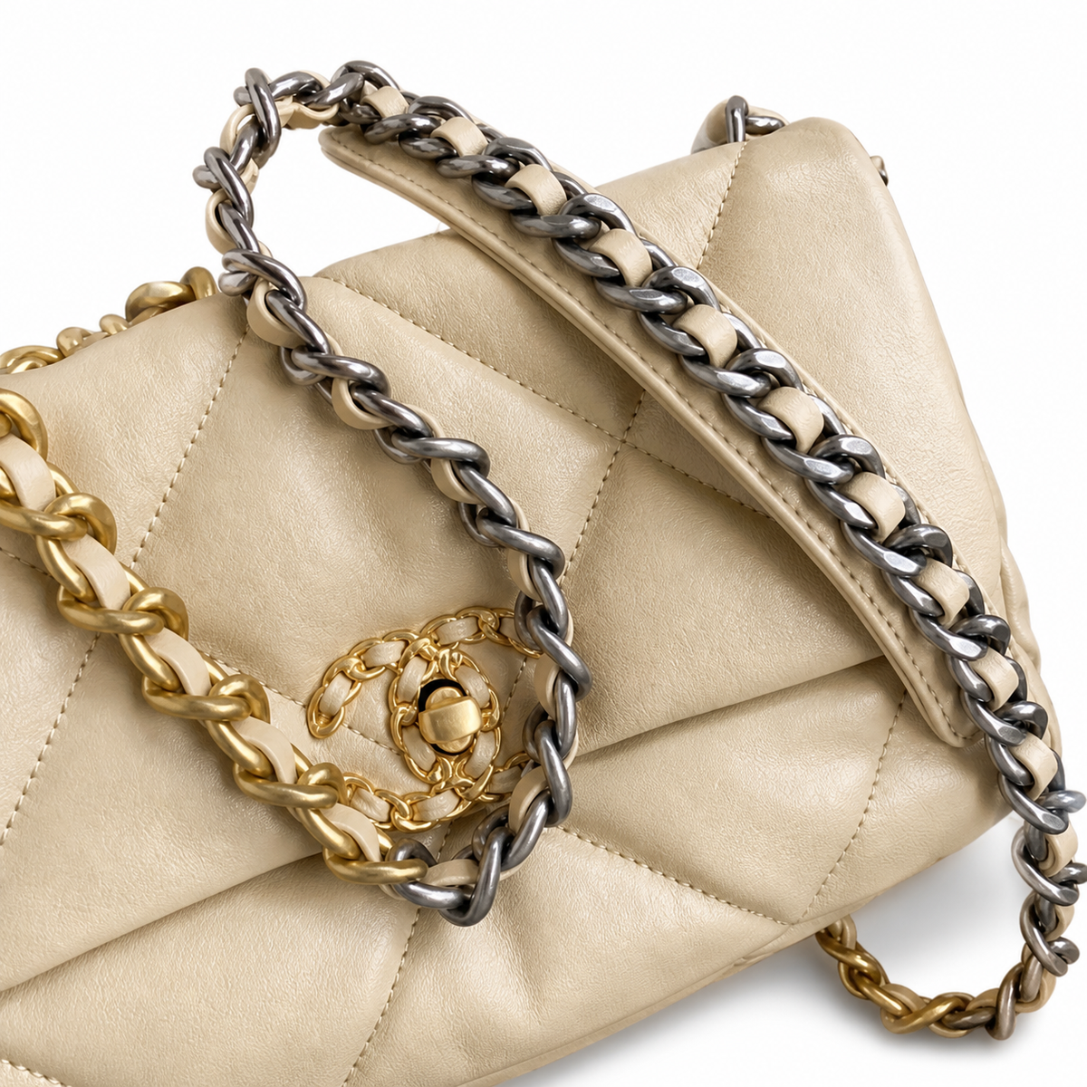 Chanel 19 Large Flap Bag Beige Cream Quilted Lambskin Mixed Metal Chain CC Turn-Lock 26cm