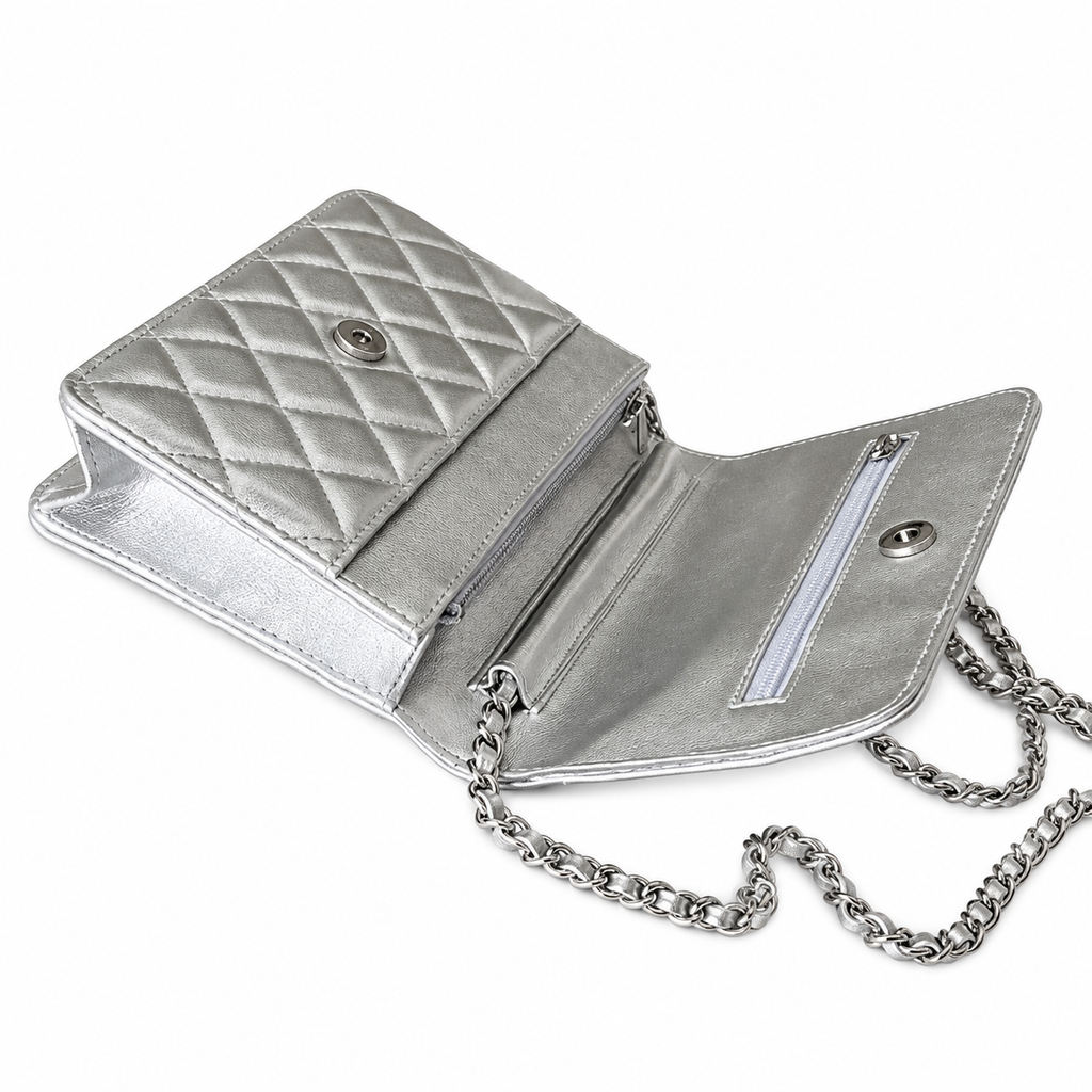 Chanel Wallet on Chain (WOC) | Silver Metallic Quilted Leather Silver Hardware | 19cm