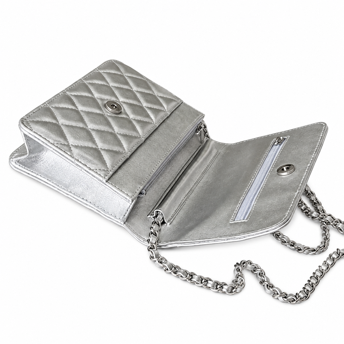 Chanel Wallet on Chain (WOC) | Silver Metallic Quilted Leather Silver Hardware | 19cm