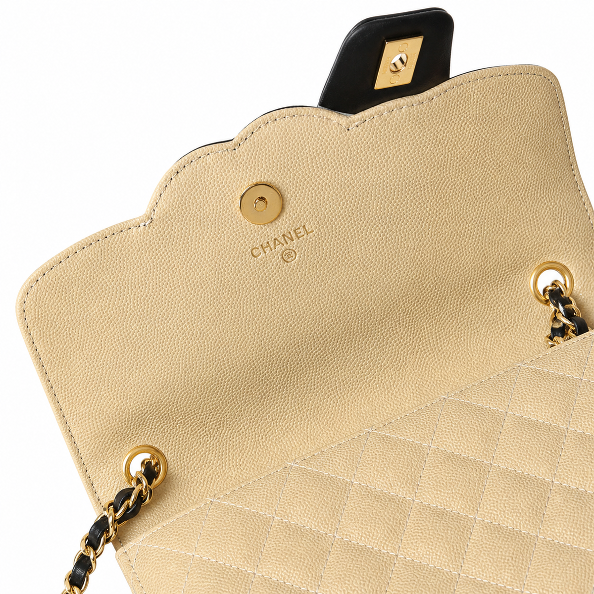 Chanel Bi-Color CC Appliqué Wallet on Chain WOC Beige Quilted Caviar Leather Black CC Gold Chain 19cm