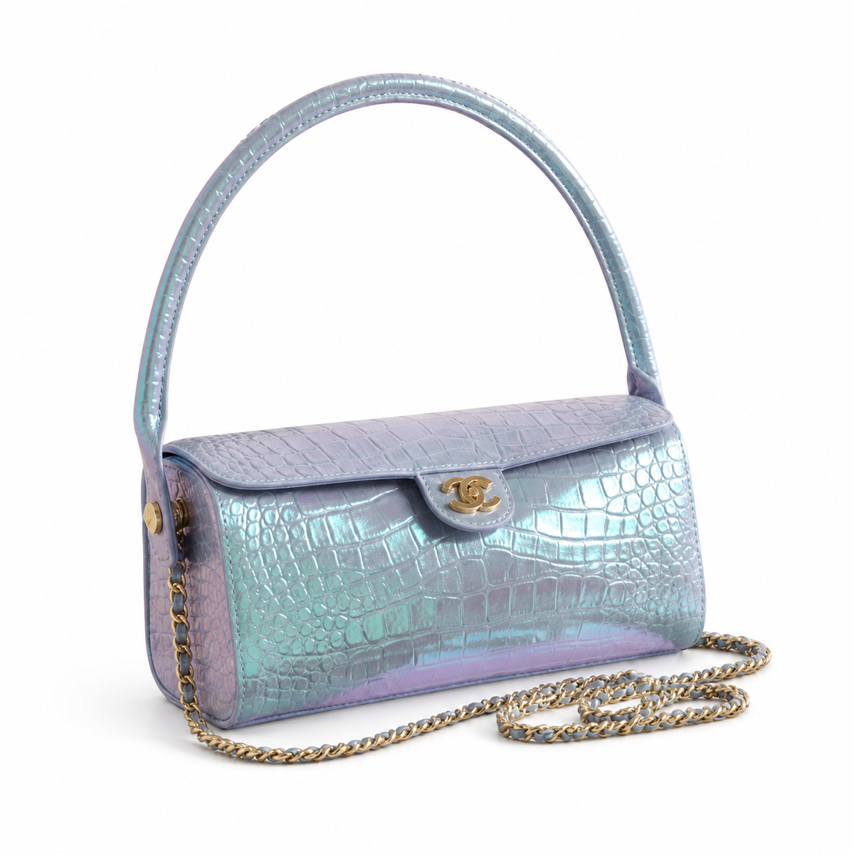 Chanel Iridescent Holographic Croc-Embossed Flap Bag | Gold CC | 11×23×12.5cm