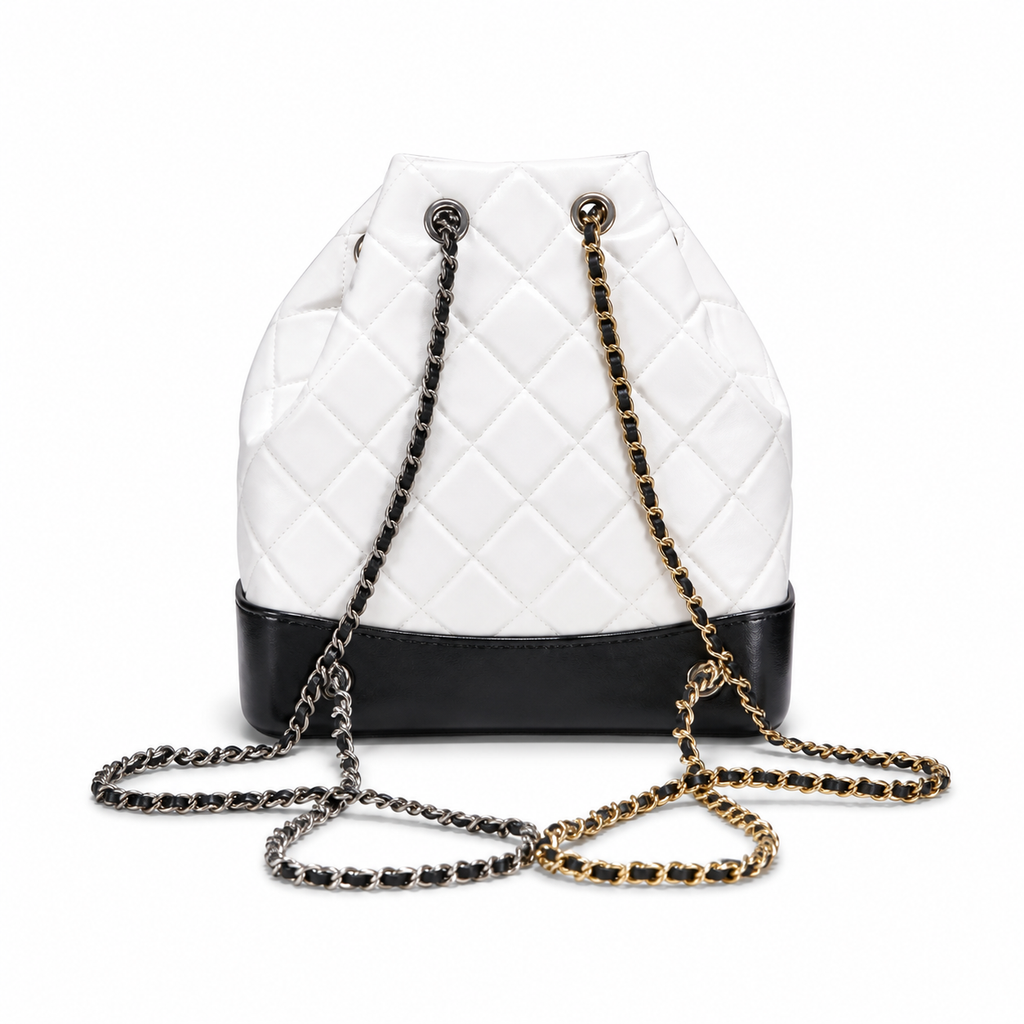 Chanel Gabrielle Backpack White Quilted Leather Black Patent Base Mixed Metal Hardware Red Interior Made in Italy 24cm
