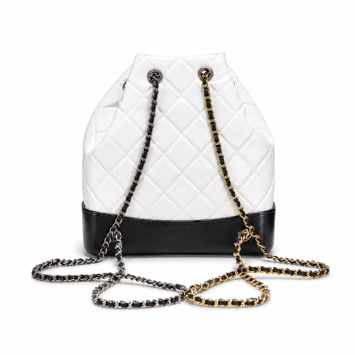 Chanel Gabrielle Backpack White Quilted Leather Black Patent Base Mixed Metal Hardware Red Interior Made in Italy 24cm