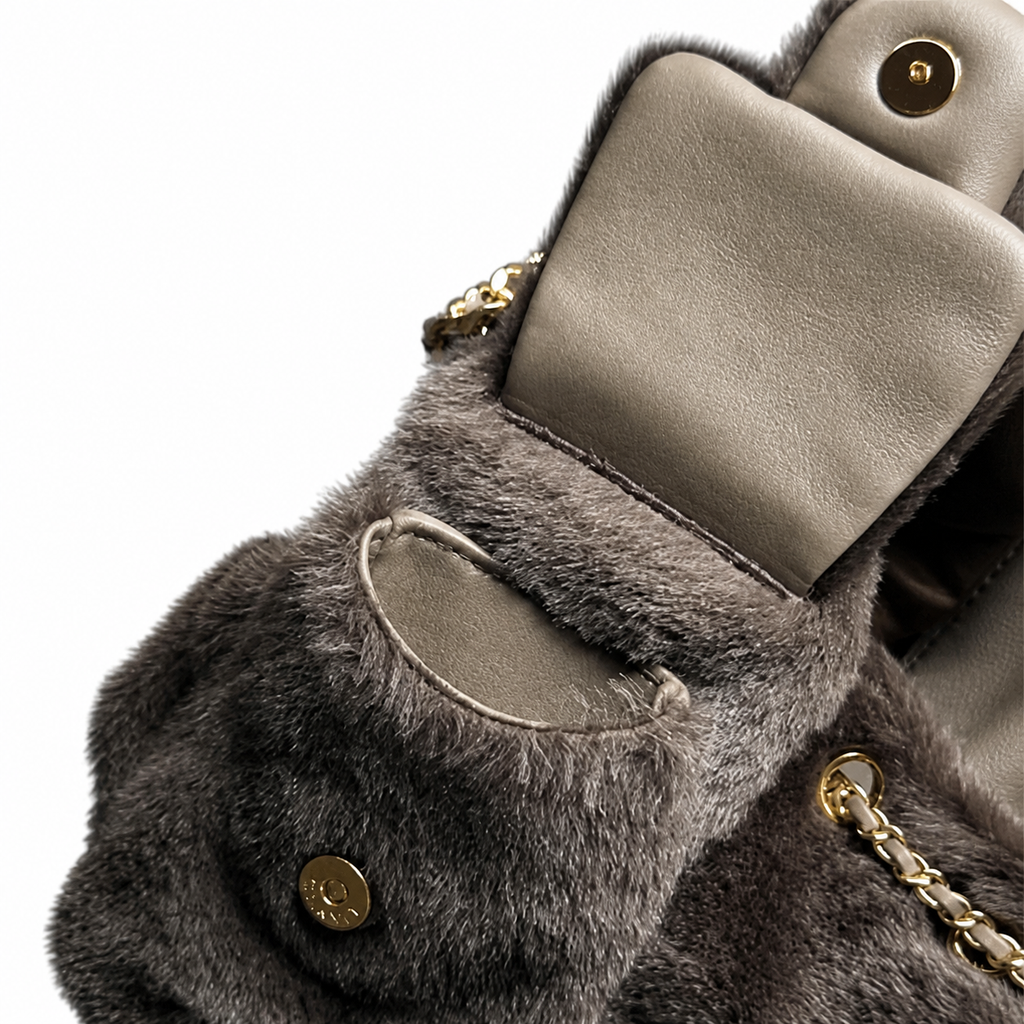 Chanel Taupe Faux Fur Drawstring Bucket Tote Bag Gold CC Chain